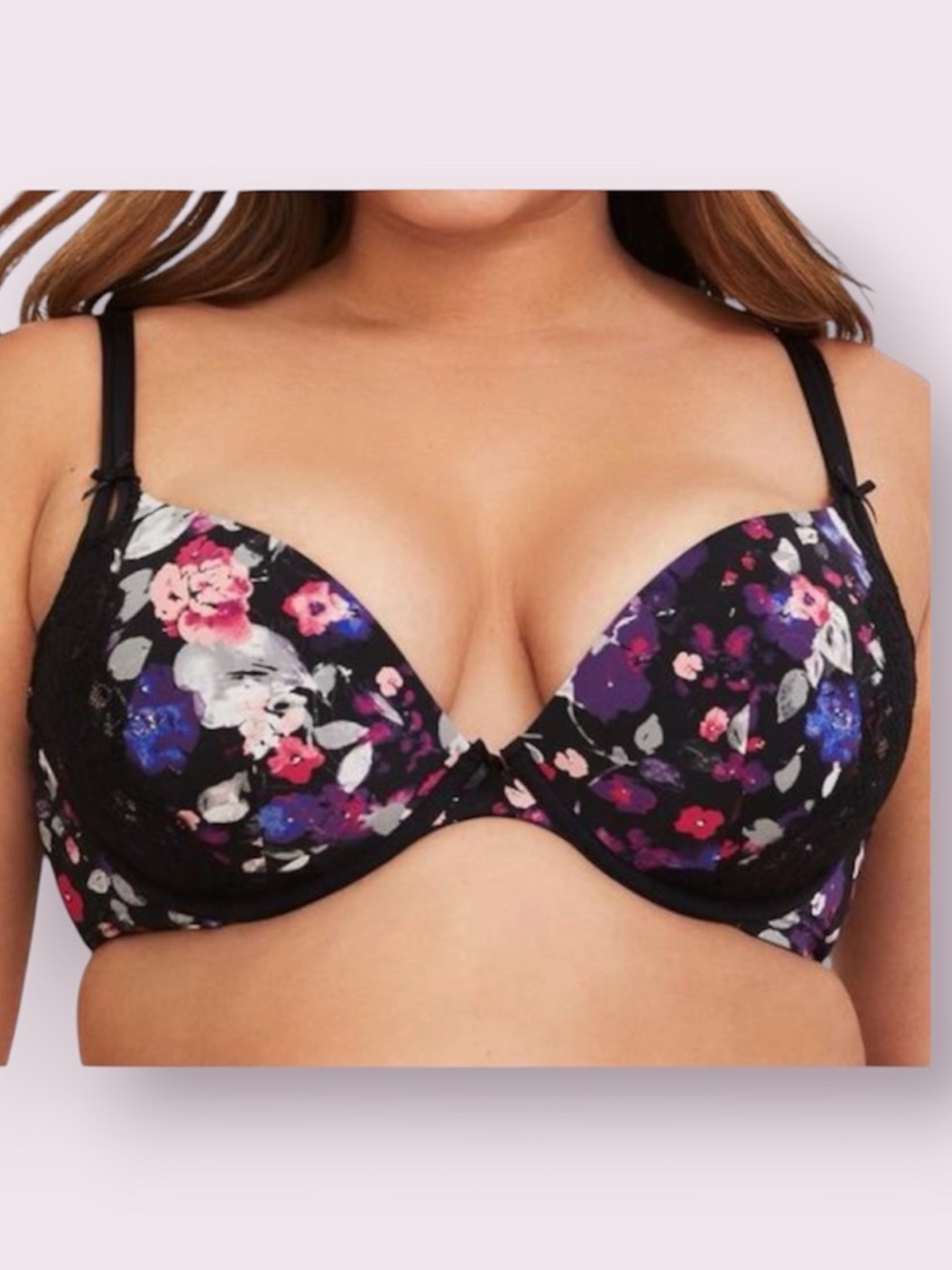 Torrid Black Floral Microfiber & Lace Push-Up Plunge Bra Size 46 DDD